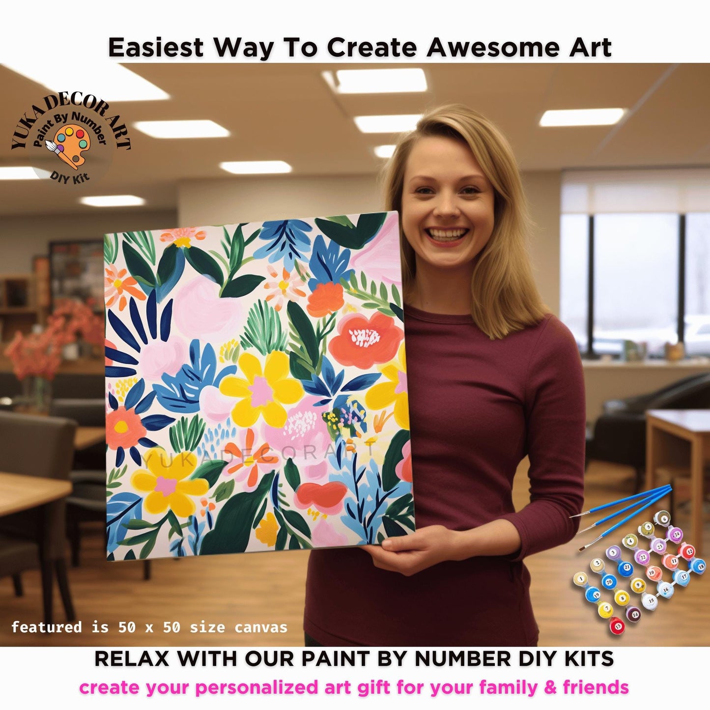 Matisse Inspired PAINT by NUMBER Kit Adult, Floral Wall Art Kit ,Easy Beginner Acrylic Diy Painting | Bday Gift for Wife Girlfriend Sister