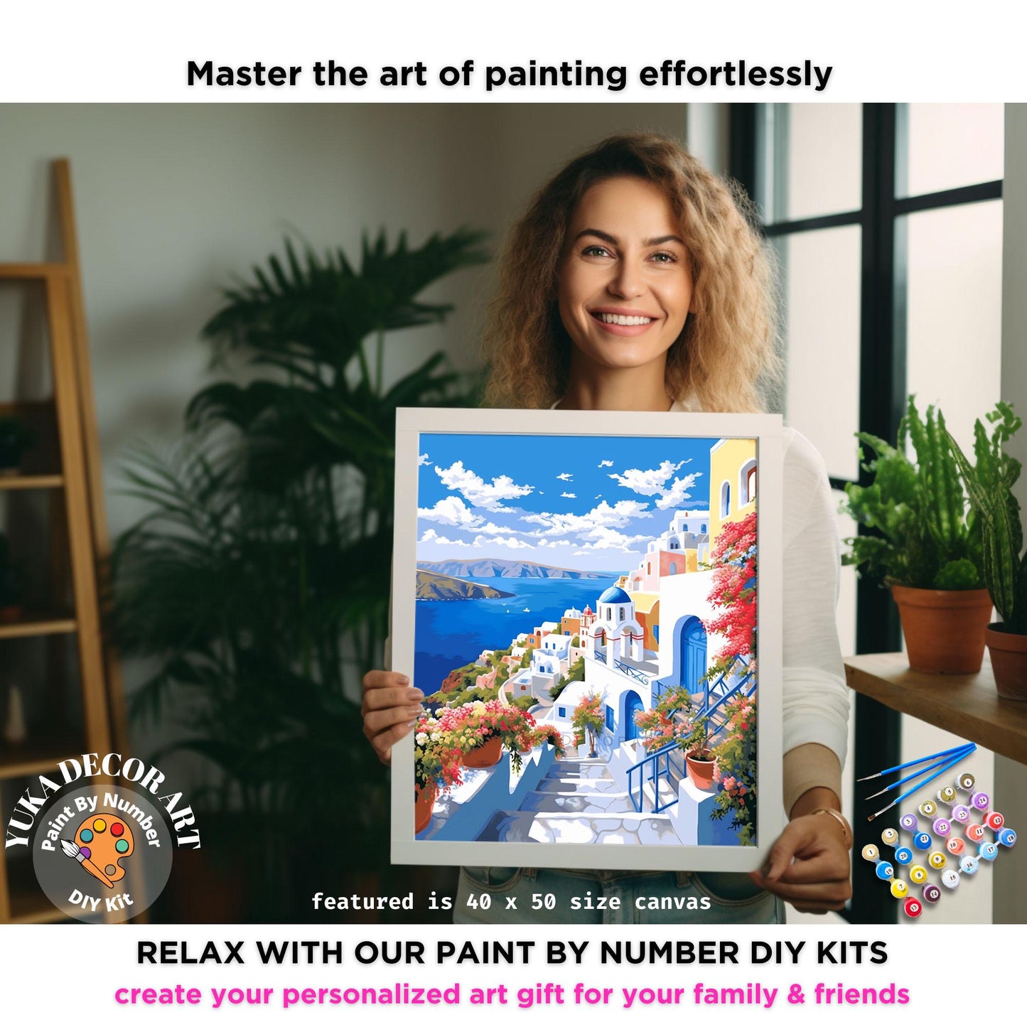 PAINT by NUMBERS Kit Adult Greece Santorini Landscape Minimalistic Chic Style DIY Painting Easy Beginners Paint Kit Decor Gift For Mom Wife