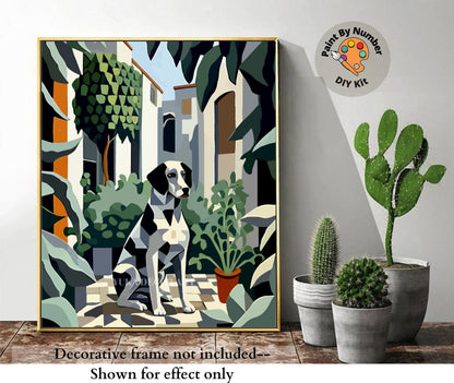 Modern PAINT by NUMBER Adult Kit ,Dog  In Courtyard , Foliage Plants ,Artist DIY Beginners Acrylic Paint Canvas Kit ,Wall Decor Gift