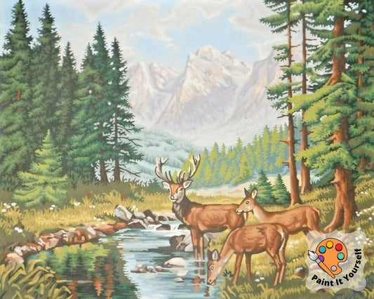 Mountain Stream  PAINT by NUMBER Kit  Adult ,  Deers in Forest Vintage Style DIY Art , Easy Acrylic Paint Kit,Christmas Decor Gift