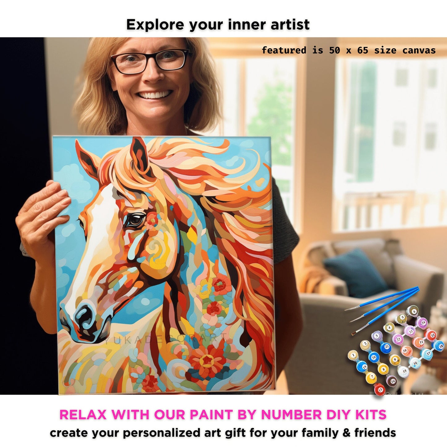 Boho Inspired Horse PAINT by NUMBER Kit Adult Colorful Horse Art Beginner Acrylic Painting DIY Kit Grandpa Dad Gift Housewarming Farmhouse