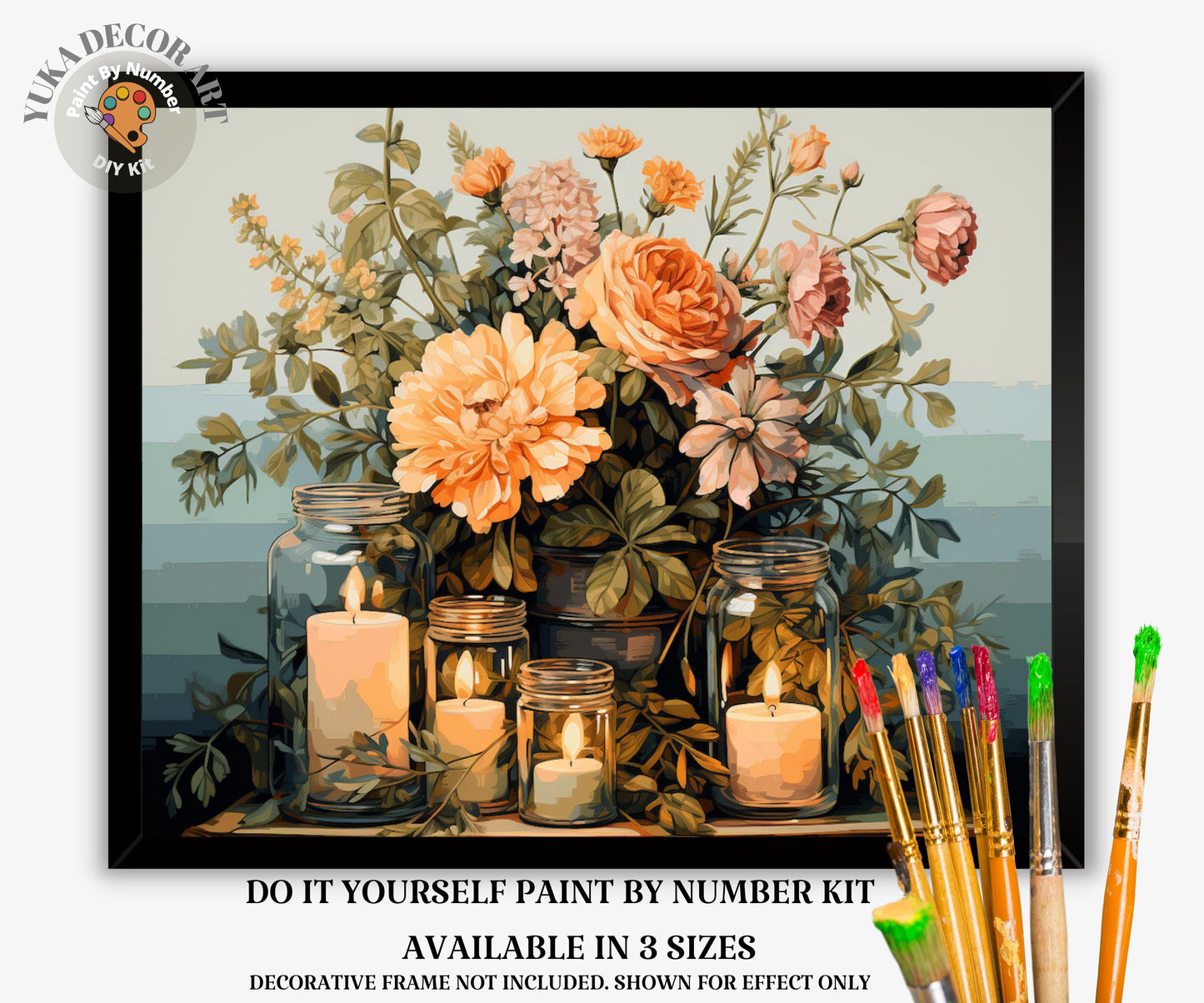 Rustic Flowers PAINT by NUMBER Kit Adult, Spring Bouquet With Candle Lit Mason Jar , Beginner Acrylic Painting DIY Kit Gift for Mom Grandma