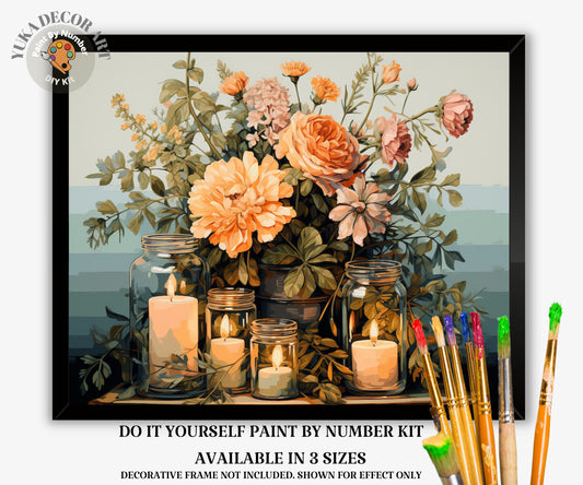 Rustic Flowers PAINT by NUMBER Kit Adult, Spring Bouquet With Candle Lit Mason Jar , Beginner Acrylic Painting DIY Kit Gift for Mom Grandma