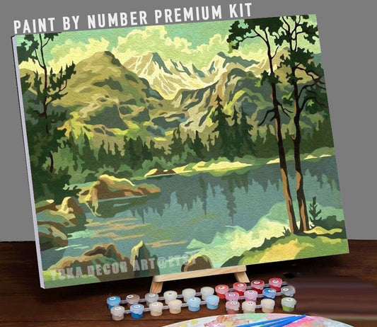 Mountain Lake Vintage Style PAINT by NUMBER Kit Adult, Valley In Forest Scenery , Easy Beginner Acrylic Painting DIY Kit,Rustic Decor Gift