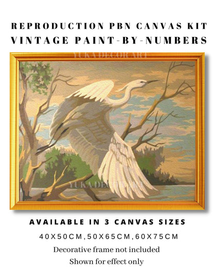 Vintage PAINT by NUMBER Kit Adult , White Egret Bird, DIY Vintage 1960s Style Paint Kit ,  Beginner Acrylic Canvas Painting Kit