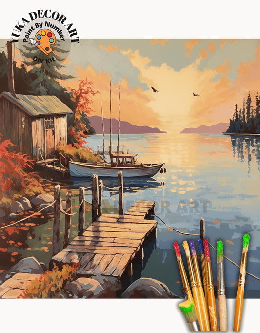 PAINT by NUMBER Kit Lakeside Sunset Scenery Vintage Style Painting, Easy Beginner DIY Paint Adult Kit, Vacation Home Decor Gift For Mom Dad
