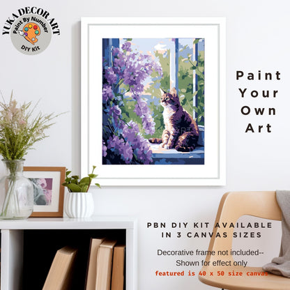 PAINT by NUMBERS Kit  Adults Cat In Window Flower Garden Easy Beginners Pastel Colors DIY Paint Kit Wall Art Gift For Mom