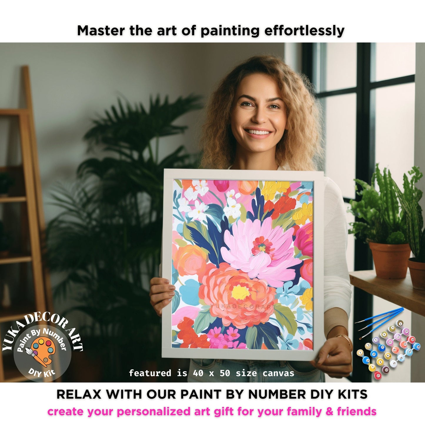 Pink Flowers PAINT by NUMBERS Kit Adult Easy Beginner Floral Art Garden DIY Paint Canvas Hobby Home Decor Birthday Gift For Mom Girlfriend