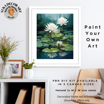 Floral PAINT by NUMBER Kit Adult White Lilies Lake Flowers DIY Painting Easy Beginners Paint Kit Nature Garden Lover Gift For Mom Girlfriend