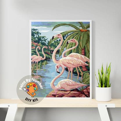 Vintage PAINT by NUMBER Kit Adult , Pink Flamingo Birds, DIY Vintage 1960s Style Paint Kit ,  Beginner Acrylic Canvas Painting Kit