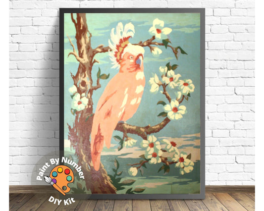 Pink Cockatoo Bird Vintage PAINT by NUMBER Kit | Adult DIY Painting Kit ,Bird On Tree, Easy Beginner Oil Painting,Vintage Home Decor Gift