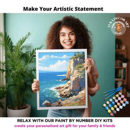 Seascape PAINT by NUMBER for Adult Kit , Rocky Scenic Coastal Art Easy Beginner Acrylic Painting DIY Kit Art Gift For Mom
