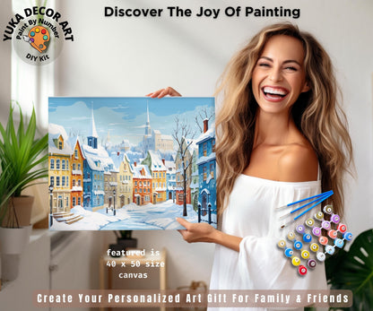 Winter Town PAINT by NUMBERS DIY Kit Adult Scenic Vintage Art Village Scenery Acrylic Painting Easy Beginner Craft Kit Mom Dad Birthday Gift