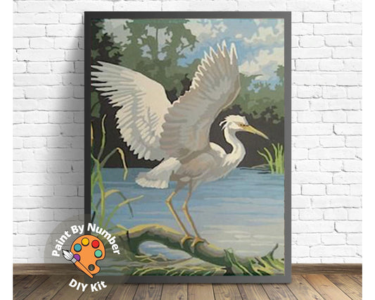 White Egret Bird Vintage PAINT by NUMBER Kit Adult , DIY Vintage 1960s Style Paint Kit ,  Beginner Acrylic Canvas Painting Kit