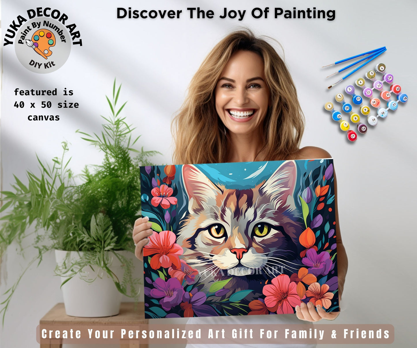 Cat PAINT by NUMBER Kit Adult DIY Art Orange Vibrant Floral Easy Beginner Acrylic Painting Birthday Housewarming Custom Gift For Kids Teens