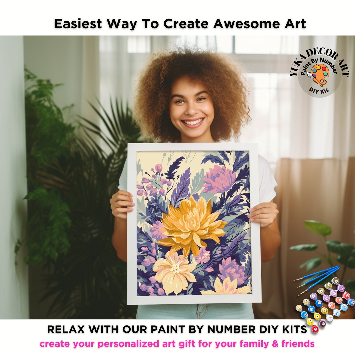 PAINT by NUMBER Kit Adult Dahlia Flowers Vintage Whimsical Pastel Wall Art Easy Beginner Acrylic Paint DIY Kit Mom Dad Gift