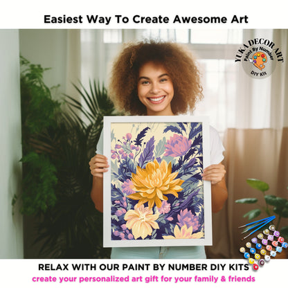 PAINT by NUMBER Kit Adult Dahlia Flowers Vintage Whimsical Pastel Wall Art Easy Beginner Acrylic Paint DIY Kit Mom Dad Gift