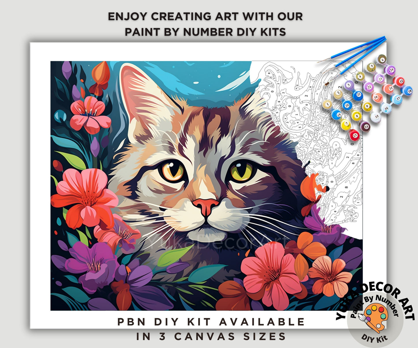 Cat PAINT by NUMBER Kit Adult DIY Art Orange Vibrant Floral Easy Beginner Acrylic Painting Birthday Housewarming Custom Gift For Kids Teens