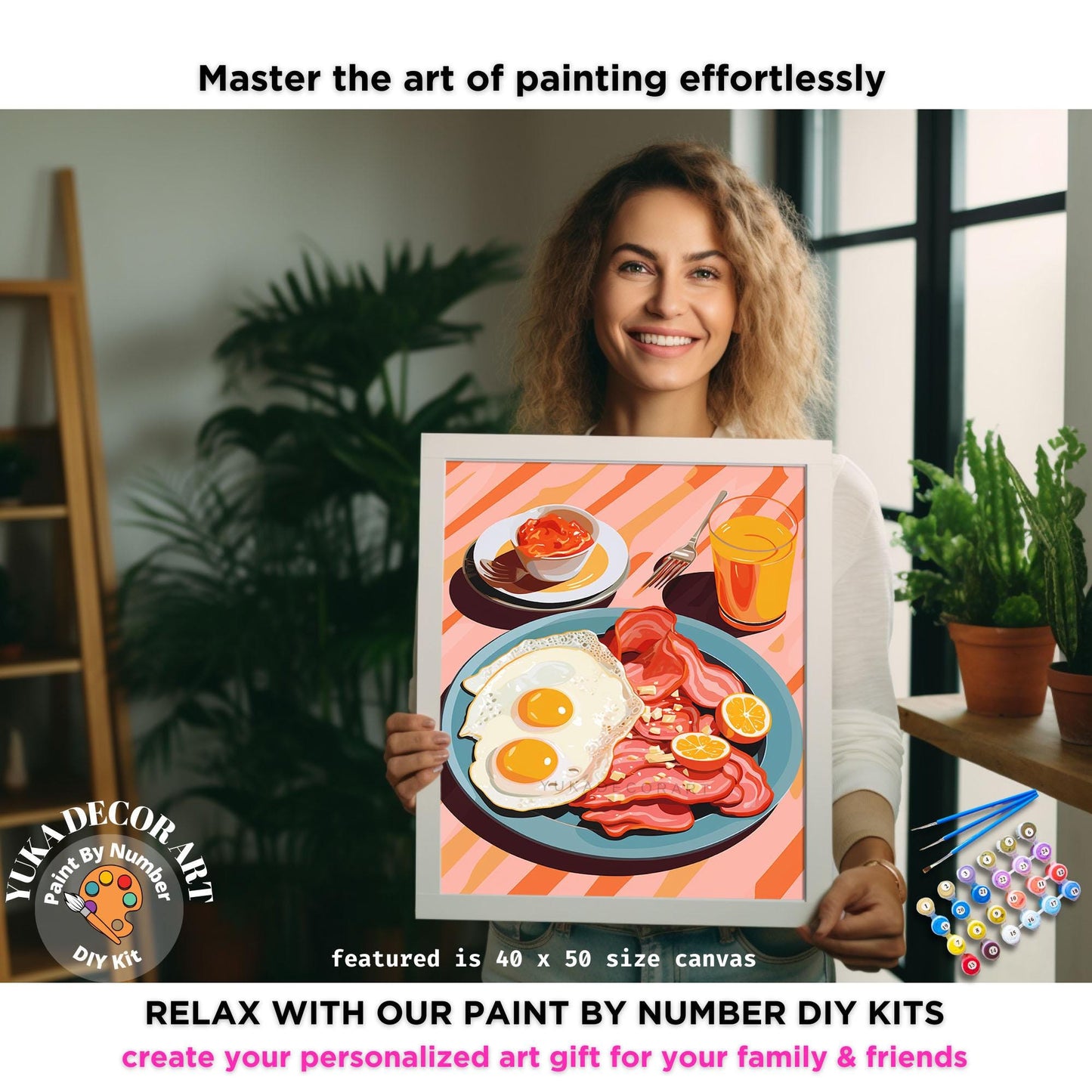 a woman holding a painting of a plate of food