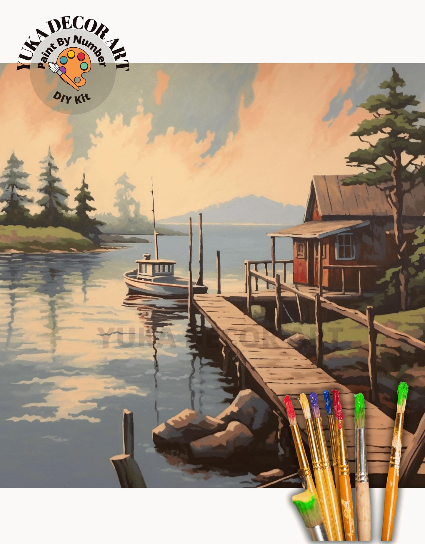 Lakeside Boat Vintage Style PAINT by NUMBER Kit Adult, Landscape Painting, Easy Beginner DIY Paint Kit, Lake Home Gift For Grandfather Dad