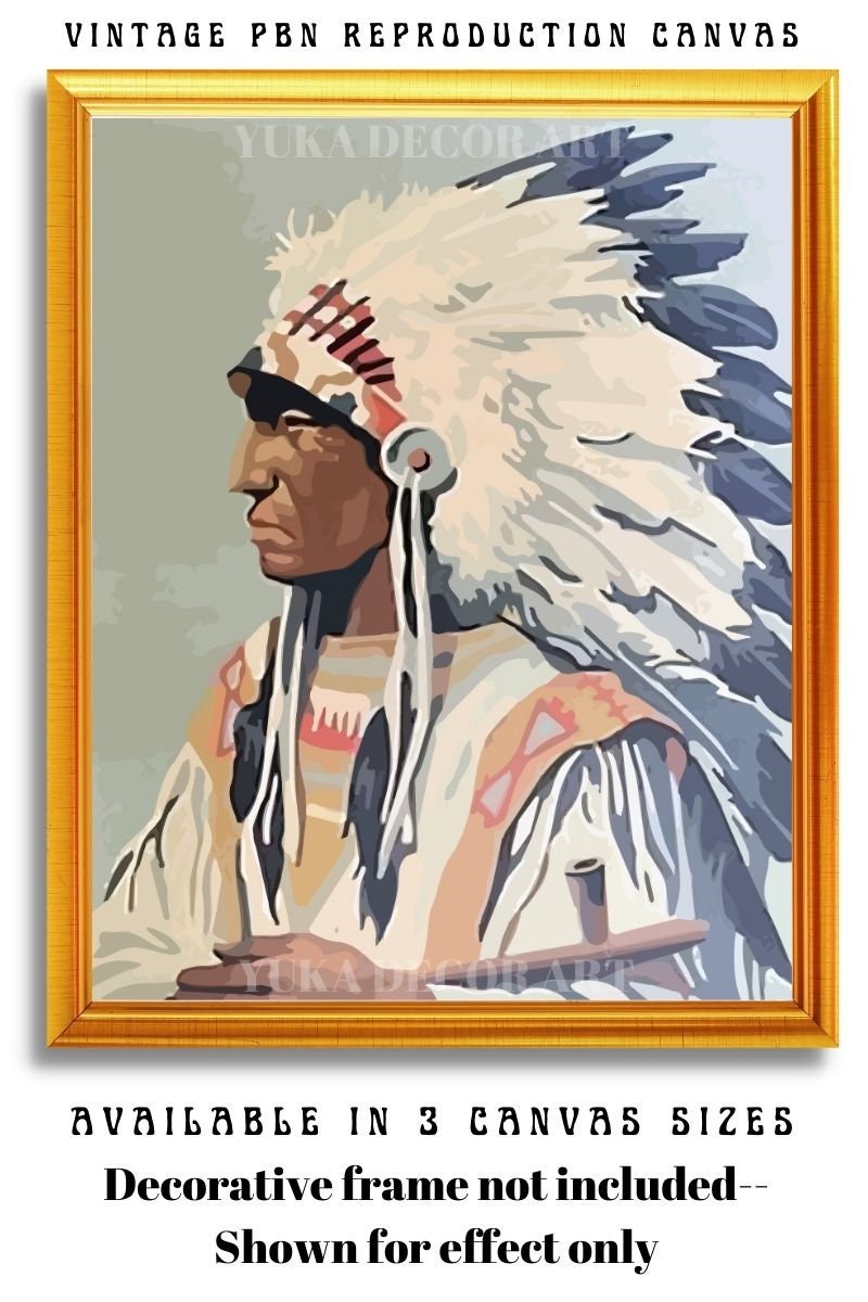 Red Indian PAINT by NUMBER DIY Kit for Adult , Native American Vintage Style Art , Easy Beginner Acrylic Paint Kit,Wall Art Gift