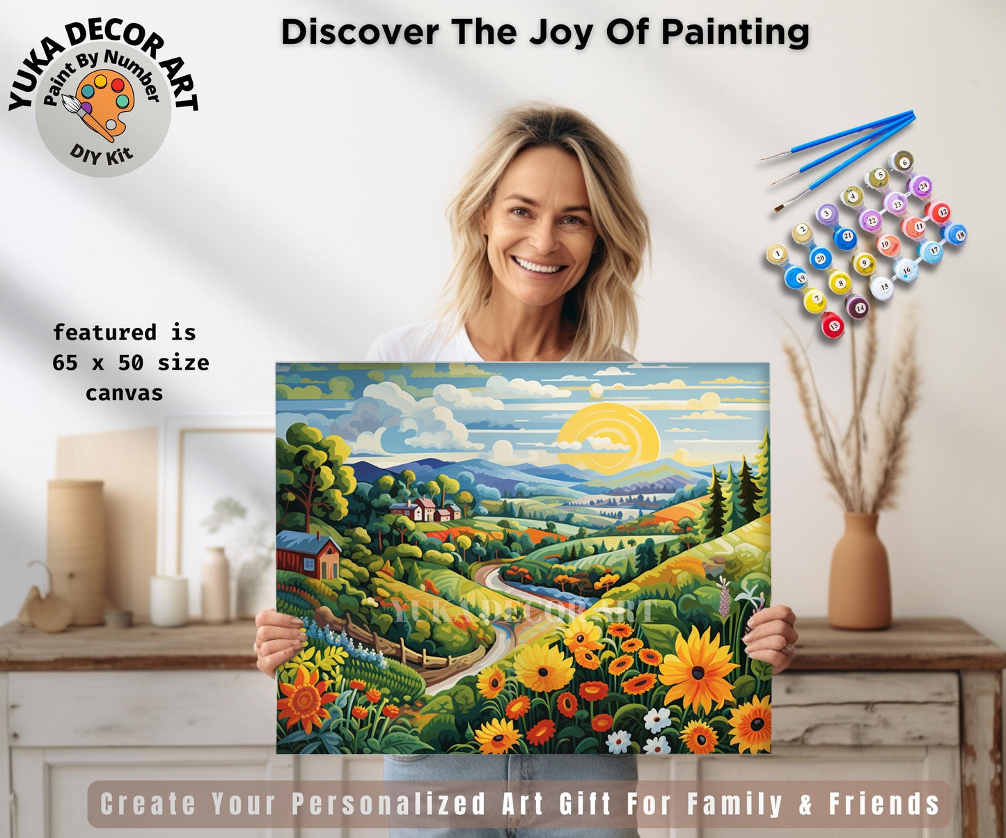 Colorful PAINT by NUMBERS Adult DIY Kit Mountain Valley Sunrise Naive Art Easy Beginner Acrylic Painting Kit Thanksgiving Gift For Mom Dad