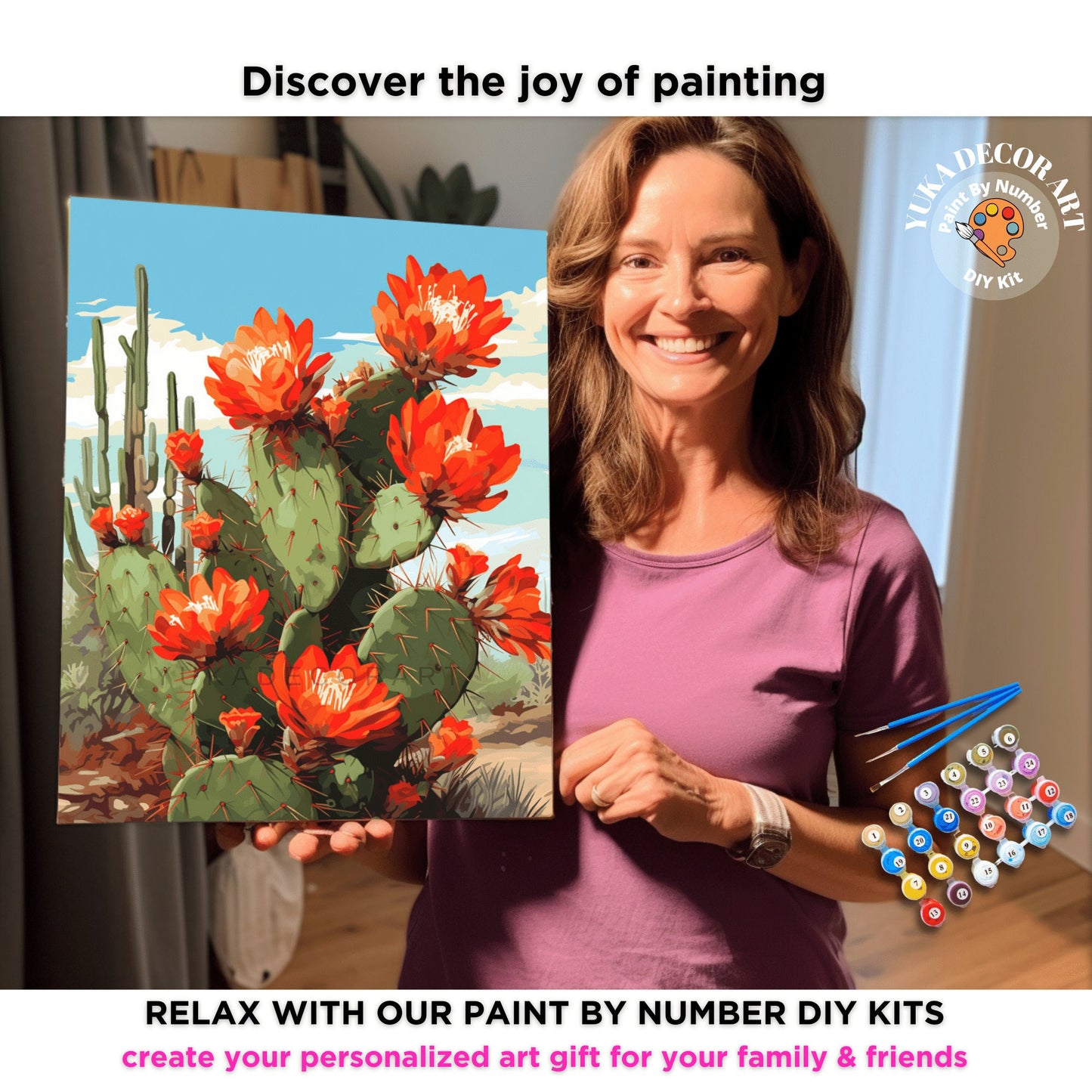 Desert Landscape PAINT by NUMBER Kit Adult Cactus Flowers Painting DIY by Numbers Craft Set Easy Beginners Birthday Gift For Mom Girlfriend