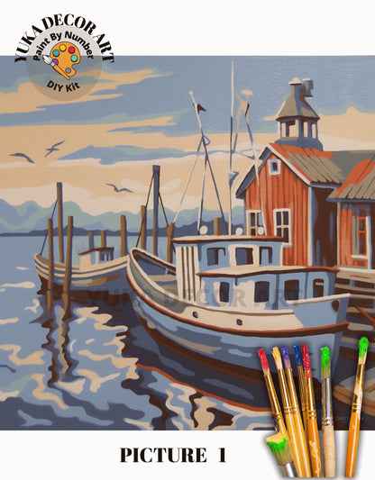 Lakeside Boat Vintage Style PAINT by NUMBER Kit Adult, Landscape Painting, Easy Beginner DIY Paint Kit, Lake Home Gift For Grandfather Dad