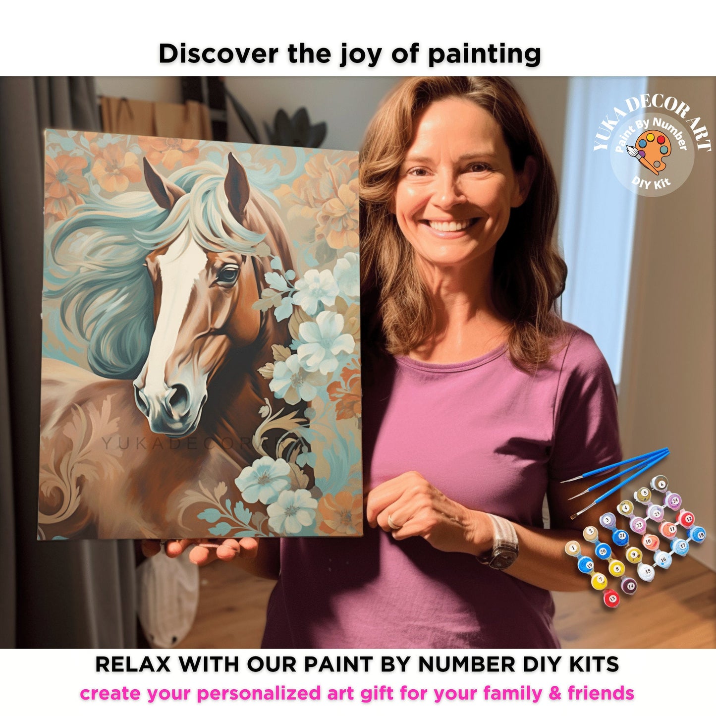 Boho Flowers Horse PAINT by NUMBER Kit Adult Free Wild Horse Easy Beginner Acrylic Painting DIY Kit | Grandpa Dad Art Gift