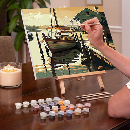 60's style PAINT by NUMBER Kit for Adult ,Boat Pier Rustic Boathouse on Sea,Sunset Sky , Easy Beginner Acrylic Painting Kit,Home Decor Gift