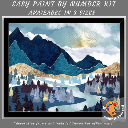 Blue Mountain Abstract PAINT by NUMBER Kit for Adults , Sunrise Scene ,Easy DIY Beginners Acrylic Paint Kit ,Living Bedroom Wall Art Decor