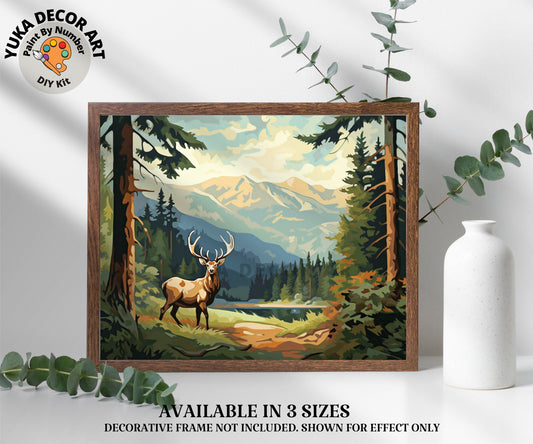 Mountain Stream  PAINT by NUMBER Kit  Adult ,  Deers in Forest Vintage Style DIY Art , Easy Acrylic Paint Kit,Christmas Decor Gift