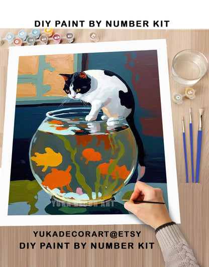 PAINT by NUMBER Kit for Adults Matisse Inspired ,Cat With Red Fish,Easy Beginners Acrylic Paint DIY Kit ,Living Bedroom Wall Art Decor