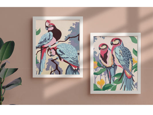 1960's Style Parrots Vintage PAINT by NUMBER Kit Adult ,  PBN Paint Kit  Set of 2 Birds  , Easy Beginner Acrylic Painting,Vintage Art decor