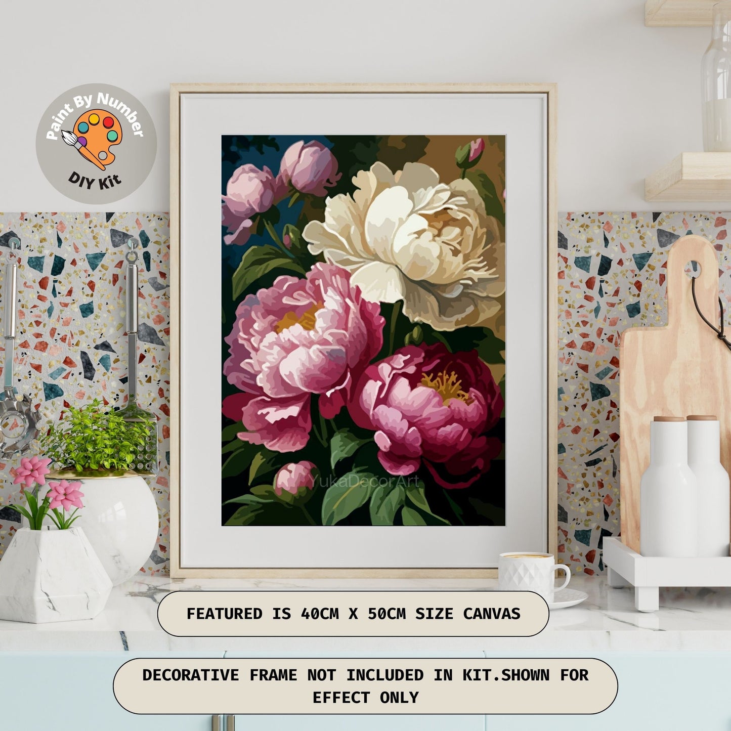 Floral Paint by Numbers Kit For Adult White Pink Peony Flowers Painting Easy Beginner Art Kit Personalised Gift For Mom Aunt Grandmother