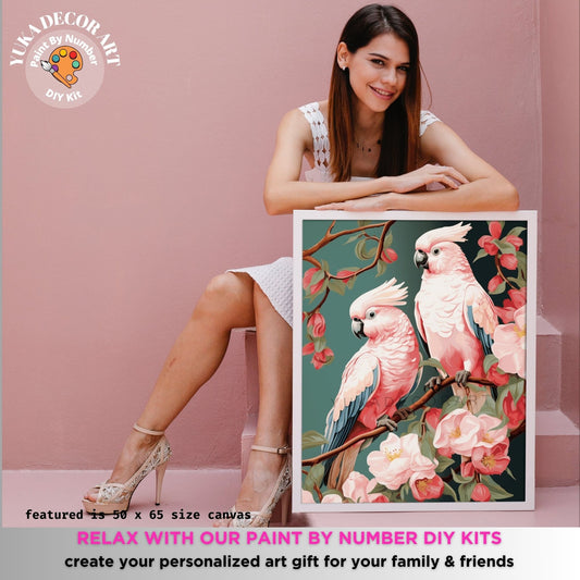 Vintage Style PAINT by NUMBERS Adult DIY Kit Pink Cockatoo Birds Beginner Acrylic Painting Rustic Cabin Decor Gift For Grandpa Grandma