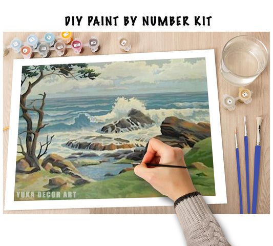 Vintage  PAINT by NUMBER Kit for Adult , DIY Seashore Waves Painting , Easy Beginner Acrylic Painting ,Vintage DecorKit,Home Decor Gift
