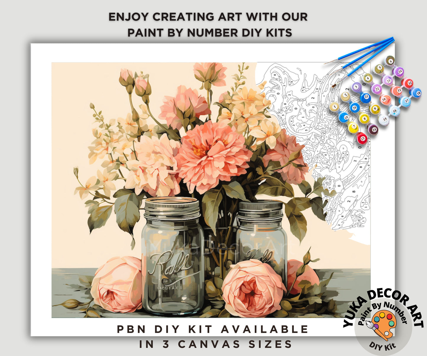 Pink Flowers PAINT by NUMBER Kit Adult, Floral Art Illustration ,Country home decor ,Beginner Acrylic Painting DIY Kit ,Gift for Mothers Day