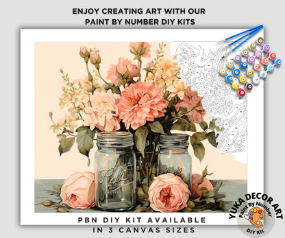Pink Flowers PAINT by NUMBER Kit Adult, Floral Art Illustration ,Country home decor ,Beginner Acrylic Painting DIY Kit ,Gift for Mothers Day