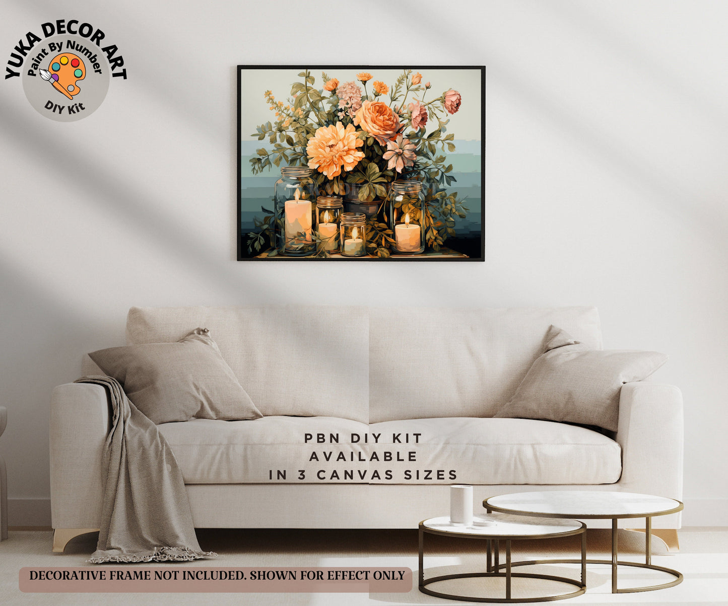 Rustic Flowers PAINT by NUMBER Kit Adult, Spring Bouquet With Candle Lit Mason Jar , Beginner Acrylic Painting DIY Kit Gift for Mom Grandma