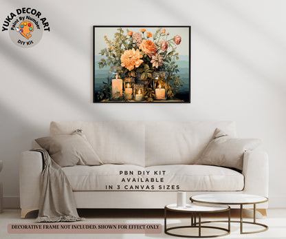 Rustic Flowers PAINT by NUMBER Kit Adult, Spring Bouquet With Candle Lit Mason Jar , Beginner Acrylic Painting DIY Kit Gift for Mom Grandma
