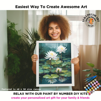 Floral PAINT by NUMBER Kit Adult White Lilies Lake Flowers DIY Painting Easy Beginners Paint Kit Nature Garden Lover Gift For Mom Girlfriend