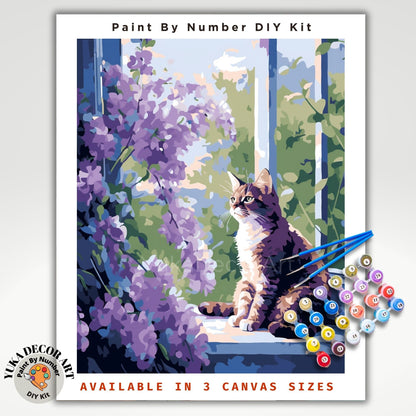 PAINT by NUMBERS Kit  Adults Cat In Window Flower Garden Easy Beginners Pastel Colors DIY Paint Kit Wall Art Gift For Mom