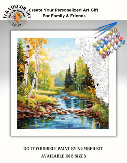Fall Landscape PAINT by NUMBER Kit for Adult Forest River Canvas Art Easy Beginner Acrylic Painting DIY Kits | Custom  Gift For Girlfriend