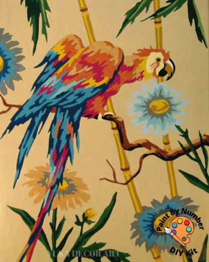 1960's Style Red Parrots Vintage PAINT by NUMBER Kit Adult , DIY Paint Kit  Set of 2 Birds  , Easy Beginner Acrylic Painting,Vintage Art