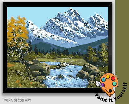 Paint by Numbers Kit for Adults , Easy DIY Art Kit, Snow Mountain With River View ,Adults Acrylic Painting Canvas, Hobby Paint Kit