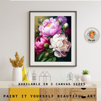 Pink Floral Paint by Numbers Adult White Pink Peony Flowers Painting Easy Beginner Paint DIY Kit Personalised Art Decor Gift For Mom Aunt