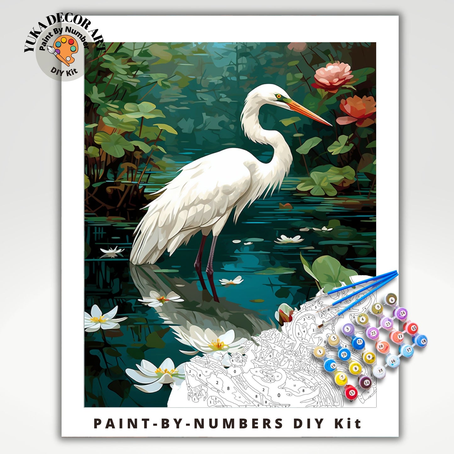 Vintage Style PAINT by NUMBER Kit For Adults White Bird In Lake Lilies Flowers DIY Painting Easy Beginners Paint Kit Lover Gift Girlfriend