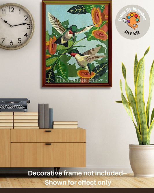Vintage Style Hummingbirds PAINT by NUMBER Kit for Adult , DIY Paint Kit Birds In Forest , Easy Beginner Acrylic Painting,Home Decor Gift