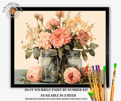 Pink Flowers PAINT by NUMBER Kit Adult, Floral Art Illustration ,Country home decor ,Beginner Acrylic Painting DIY Kit ,Gift for Mothers Day